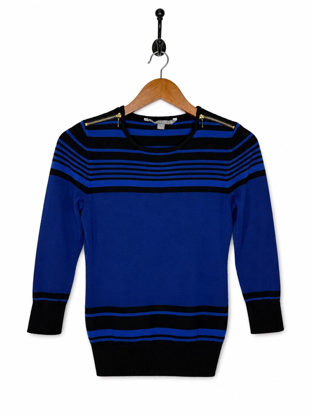 Valerie Stevens Blue Striped Sweater Women’s Small Zip Shoulder Knit Pullover